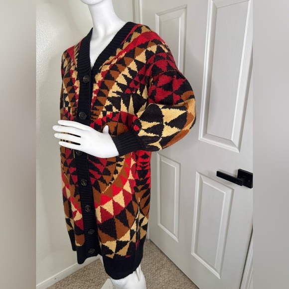 Farm Rio Geometric Patterned Cardigan Sweater - Black, Red, Brown - Picture 3 of 16